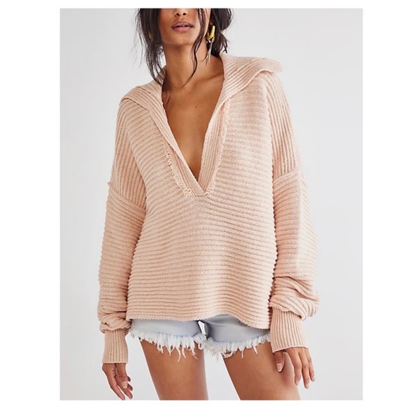 FREE PEOPLE “Marlie” Slouchy Sweater Dusty Pink V Neck Sweater Size L - Picture 1 of 8